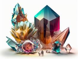 Multicolored crystals and large gems on a white background. Luxury background, stone quartz, glass prism, treasure. . photo