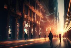 Dark silhouettes of people, rain, reflections in the wet asphalt. Night city street illuminated by neon light. 3D rendering. . photo