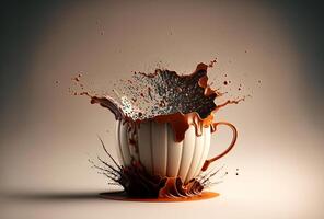 Coffee cup, splash and splatter. Burst of brown liquid, drips. Abstract illustration on light background. . photo