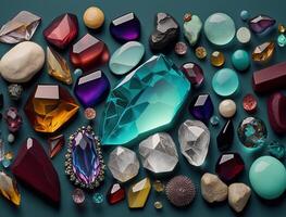 hermosa colección de cristales y piedras preciosas y minerales en un oscuro antecedentes. lujo fondo, Roca cuarzo, vaso prisma, ámbar, ágata, cornalina, amatista, pepitas ai generado. foto