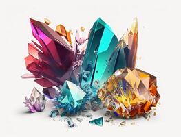 Multicolored crystals and large gems on a white background. Luxury background, stone quartz, glass prism, treasure. . photo