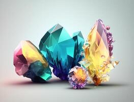 Multicolored crystals and large gems on a white background. Luxury background, stone quartz, glass prism, treasure. . photo