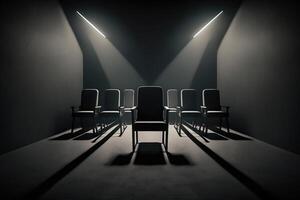 Several office chairs in a dark room are illuminated by beams of studio volumetric light. The concept of teamwork, leadership, success, job vacancy. . photo