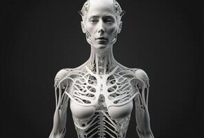 mecánico androide chica, un enredo de alambres y técnico elementos. humanoide robot mujer, complejo ciencia ficción modelo. blanco cyberpunk personaje en oscuro antecedentes. ai generado. foto