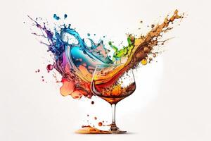 A splash of multicolored liquid in a clear glass. Explosion and splashing cocktail. Abstract illustration on white background. . photo