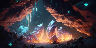 A magical cave with colored crystals and gems. A fairy tale mine, a fantasy dark landscape. . photo