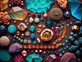 Beautiful collection of crystals and gemstones and minerals on a dark background. Luxury background, stone quartz, glass prism, amber, agate, carnelian, amethyst, nuggets. . photo