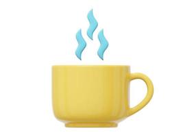 Yellow mug with hot drink and steam. 3D rendering. Icon on a white background. photo