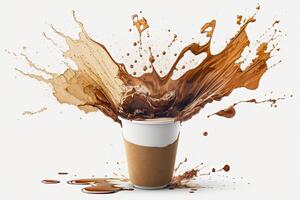 Coffee paper cup, splash and splatter. Burst of brown liquid, drips. Abstract illustration on white background. . photo