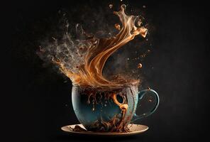 Coffee cup, splash and splatter. Burst of brown liquid, drips. Abstract illustration on dark background. . photo