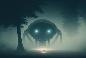 Scary alien monster in the misty night forest. The creepy silhouette of a huge creature with glowing eyes is illuminated by the moon. 3D rendering. . photo