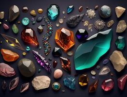 hermosa colección de cristales y piedras preciosas y minerales en un oscuro antecedentes. lujo fondo, Roca cuarzo, vaso prisma, ámbar, ágata, cornalina, amatista, pepitas ai generado. foto