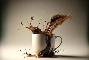 Coffee cup, splash and splatter. Burst of brown liquid, drips. Abstract illustration on light background. . photo