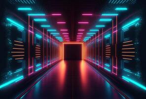 A fantastic neon tunnel, the corridor of a spaceship. Immersion in virtual reality, artificial intelligence. Dark abstract background with multicolored glow. 3D rendering. . photo