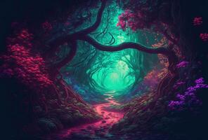 A fairytale forest, a surreal, mystical landscape. The dark trees are illuminated by multicolored psychedelic neon light. A mysterious path through the thicket. 3D rendering. . photo