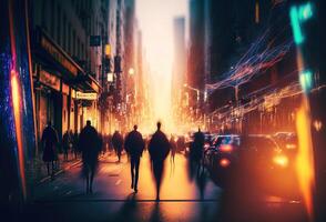 Dark silhouettes of people, rain, reflections in the wet asphalt. Night city street illuminated by neon light. 3D rendering. . photo