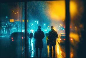 Dark silhouettes of people, rain, reflections in the wet glass. Night city street illuminated by neon light. 3D rendering. . photo