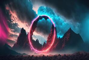 Fantastic mountain scenery with a round neon portal against a cloudy, thunderous sky. Surrealistic dystopian alien world. 3D rendering. . photo