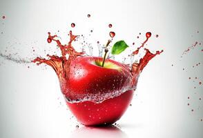 Red apple in a splash of water. Explosion of clear liquid and droplets on white background. . photo