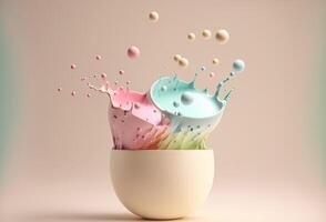 Drops of milk over a cup. Splash of milkshake, thick liquid, cream, colorful balls. Abstract pastel background. 3D rendering. . photo