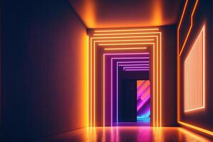 Fantastic neon tunnel, virtual art gallery concept . Immersion in virtual reality, artificial intelligence. Dark abstract background with multicolored glow. 3D rendering. . photo