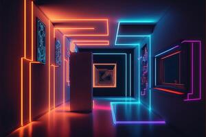 Fantastic neon tunnel, virtual art gallery concept . Immersion in virtual reality, artificial intelligence. Dark abstract background with multicolored glow. 3D rendering. . photo