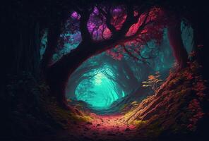 The dark trees are illuminated by multicolored psychedelic neon light. A fairytale forest, a surreal, mystical landscape. A mysterious path through the thicket. 3D rendering. . photo