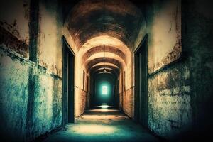 A long corridor in the old prison. A gloomy interior with shabby walls. A dilapidated, abandoned building, a dreadful, hopeless backdrop. AI generated photo