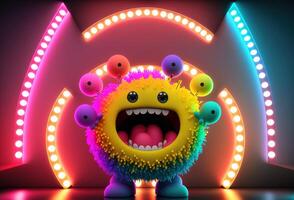 3D character cute monster dancing in a nightclub. The funny toothy alien is having fun at the party on stage in neon light. photo