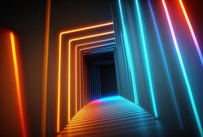 Abstract psychedelic dark background, multicolored glowing neon straight lines. Immersive fantasy interior, corridor, gallery. 3D rendering. . photo