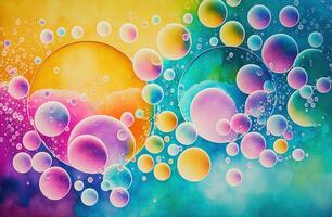 Rainbow soap bubbles. Multicolored glass balls. Bright watercolor abstract background. photo