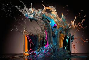 A splash of colorful liquid on a mirrored surface. An explosion of paint, ink. An immersive, abstract background. 3D rendering. photo