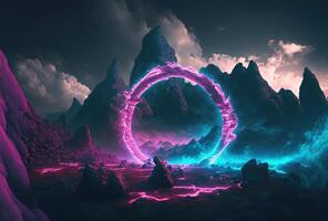 Fantastic mountain scenery with a round neon portal against a cloudy, thunderous sky. Surrealistic dystopian alien world. 3D rendering. . photo