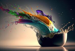 A splash of colorful liquid over a bowl, a cup. An explosion of paint, ink. An immersive, abstract background. 3D rendering. photo