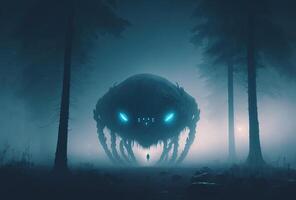 Scary alien monster in the misty night forest. The creepy silhouette of a huge creature with glowing eyes is illuminated by the moon. 3D rendering. . photo