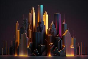 A futuristic night city in the distance glowing with neon light. Surrealistic skyscrapers. Cyberpunk, immersive world of the metaverse. 3D rendering. . photo