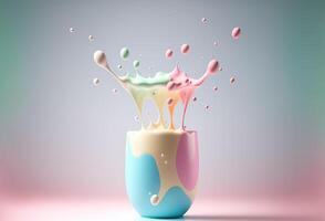 Drops of milk over a cup. Splash of milkshake, thick liquid, cream, colorful balls. Abstract pastel background. 3D rendering. . photo