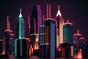 A futuristic night city in the distance glowing with neon light. Surrealistic skyscrapers. Cyberpunk, immersive world of the metaverse. 3D rendering. . photo