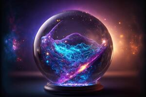 Glass magic ball filled with cosmic plasma. Transparent magic sphere on the background of galaxies, starry nebula. 3D rendering. . photo