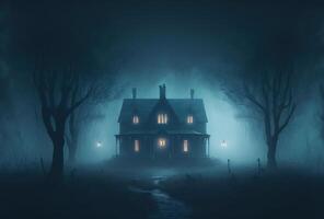 Scary old haunted house in the woods. Dwelling of a witch, a sorcerer. Mystical creepy night fog. 3D rendering. . photo