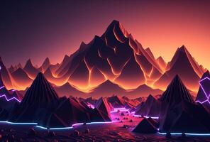 A futuristic landscape, low-polygon mountains illuminated by neon light on a gradient background. Immersion in a surreal digital virtual cyber world. 3D rendering. . photo