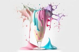 Splash multicolored ice cream in a glass bowl. Splash and drops of cream, milkshake. Abstract illustration of pastel colors on a white background. . photo