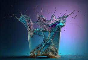 A glass with a splash of colored transparent liquid. An explosion of water droplets on an abstract gradient background. 3D rendering. . photo