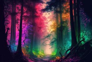 A fairytale forest, a surreal, mystical landscape. The dark trees are illuminated by multicolored psychedelic neon light. A mysterious path through the thicket. 3D rendering. . photo