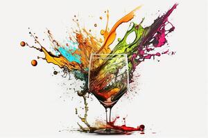 A splash of multicolored liquid in a clear glass. Explosion and splashing cocktail. Abstract illustration on white background. . photo