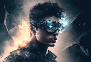 Portrait of a young man with VR glasses immersed in virtual reality. Abstract neon light, surreal background. Creative art and technology of the meta-universe. 3D rendering. photo
