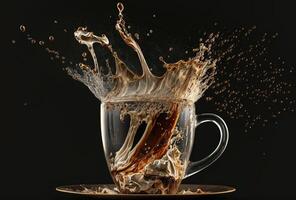 Coffee cup, splash and splatter. Burst of brown liquid, drips. Abstract illustration on dark background. . photo