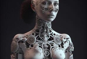 Mechanical android girl, a tangle of wires and technical elements. Humanoid robot woman, complex sci-fi model. White cyberpunk character on dark background. . photo