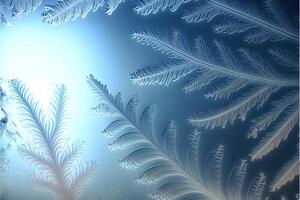 Frozen pattern on the window. Frosted glass in amazing elements. Winter crystal background texture. 3D render. . photo