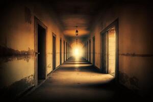 A long corridor in the old prison. A gloomy interior with shabby walls. A dilapidated, abandoned building, a dreadful, hopeless backdrop. photo